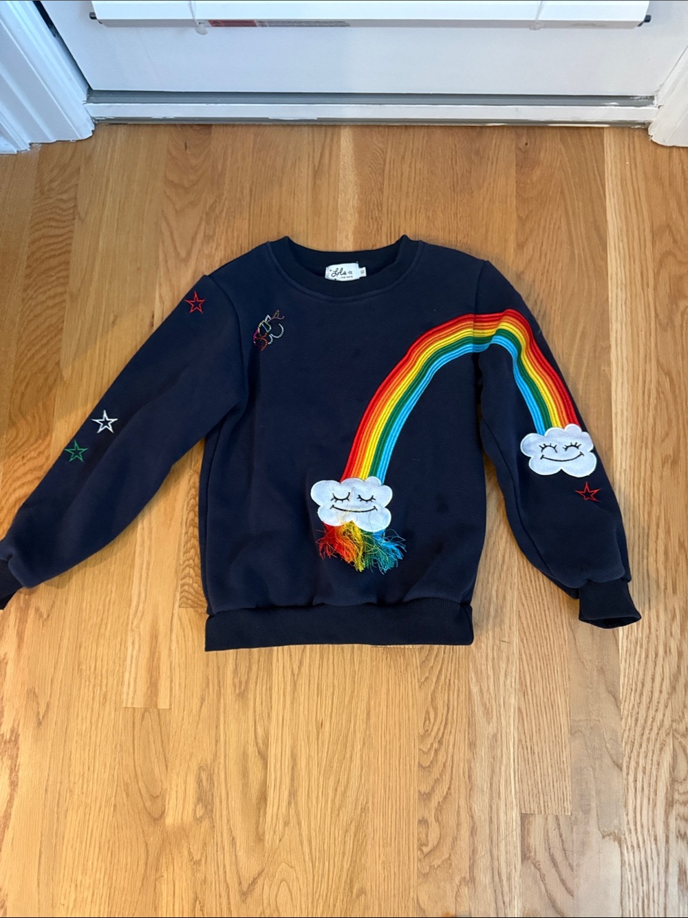 Lola + The Boys Navy Sweatshirt with Rainbow Cloud Appliqués
